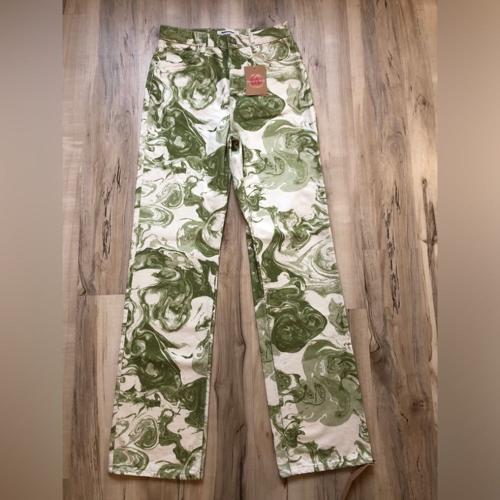 Reformation Marble High Rise Straight Long Jeans 27 Avocado Swirl NWT
